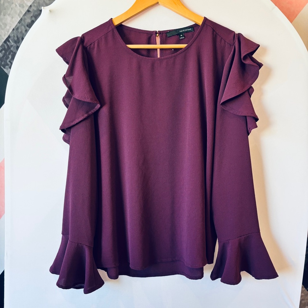 Harve Benard Deep Purple Ruffle Sleeve Blouse